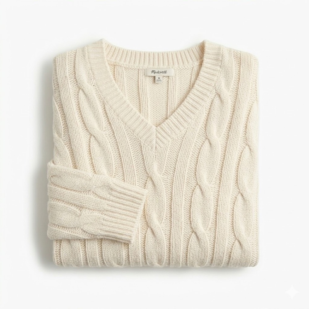 Madewell Cream Chunky Cable Knit V-Neck Sweater XS Old Money Quiet Luxury